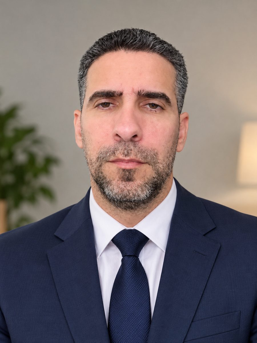 Portrait of Julio Vazquez in a navy suit and tie