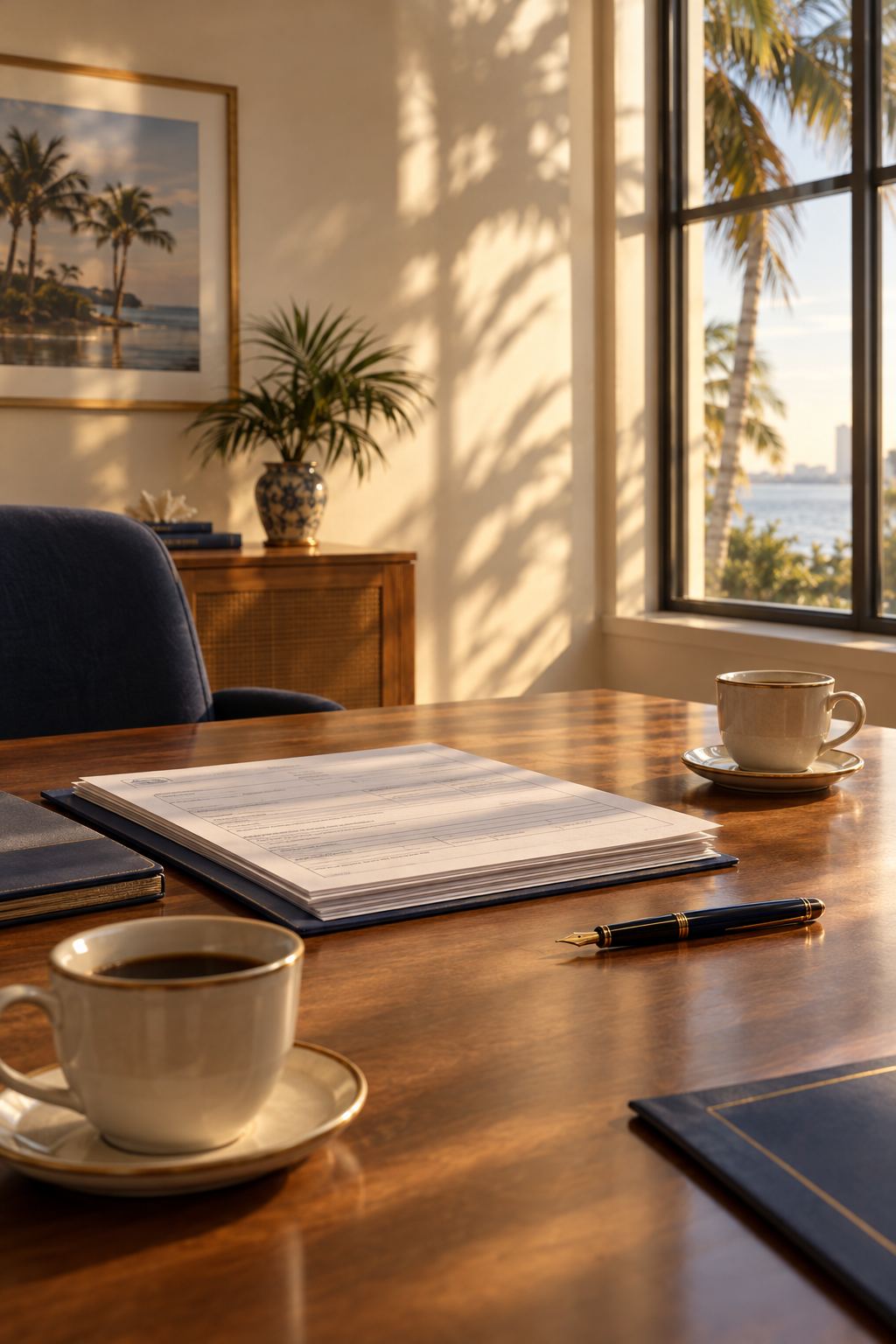 A quiet consultation room with documents and coffee on a wooden table in warm afternoon light